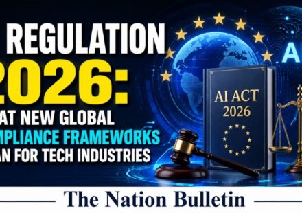 Illustration of AI Regulation 2026 highlighting the EU AI Act and global compliance rules affecting artificial intelligence companies.