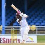 Justin Greaves plays a shot during Day 1 of the West Indies vs Pakistan second Test at Queen's Park Oval.