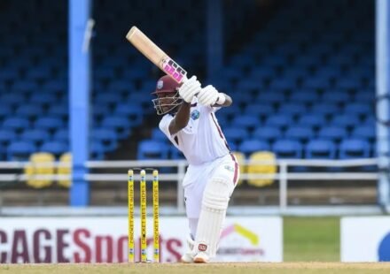 Justin Greaves plays a shot during Day 1 of the West Indies vs Pakistan second Test at Queen's Park Oval.