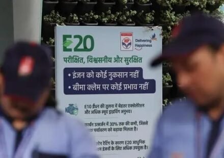 Fuel station displaying E20 petrol signage as India rules out US ethanol imports for fuel blending.