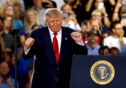 President Donald Trump during an economic event as Reuters/Ipsos poll shows Democrats leading on economic trust