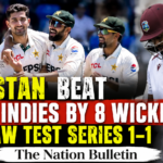Pakistan players celebrate after defeating West Indies by eight wickets in the second Test at Queen's Park Oval, Port of Spain.
