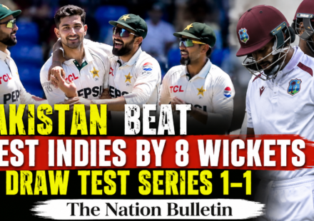 Pakistan players celebrate after defeating West Indies by eight wickets in the second Test at Queen's Park Oval, Port of Spain.