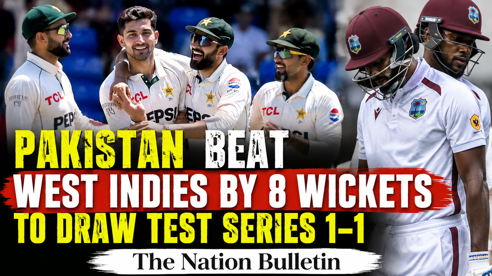 Pakistan vs West Indies 2nd Test 2026: Abdullah Shafique's Heroics, Spin Dominance Help Pakistan End Away Drought and Draw Series 1-1 Pakistan vs West Indies 2nd Test Match:Pakistan players celebrate after defeating West Indies by eight wickets in the second Test at Queen's Park Oval, Port of Spain.